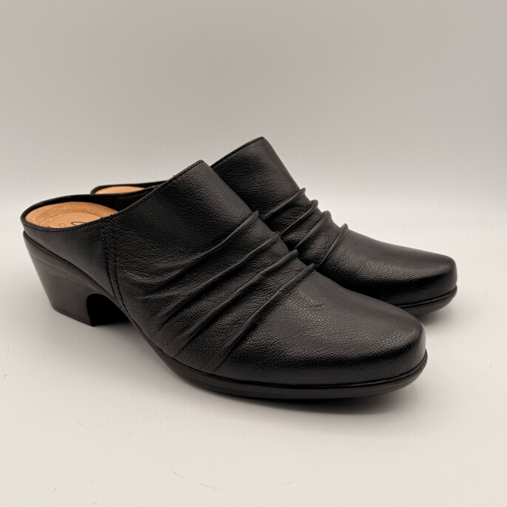Clarks Emily Charm Black Leather Mules Heeled Slip-On Comfort Shoes Size 10